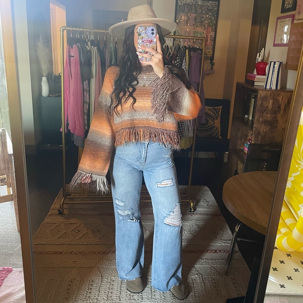 Zara Orange Brown Striped Fringe Sweater - Picture 5 of 13